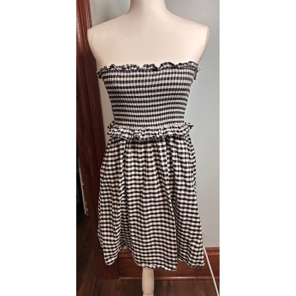 Just Quella Black White Gingham Smocked Ruffle Strapless Mini Dress Womens L